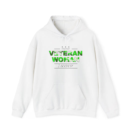 Proud Veteran Woman I served White Hoodie (green camoflouge logo)