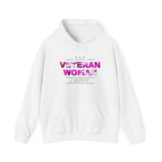 Proud Veteran Woman I served White Hoodie (pink camoflouge logo)