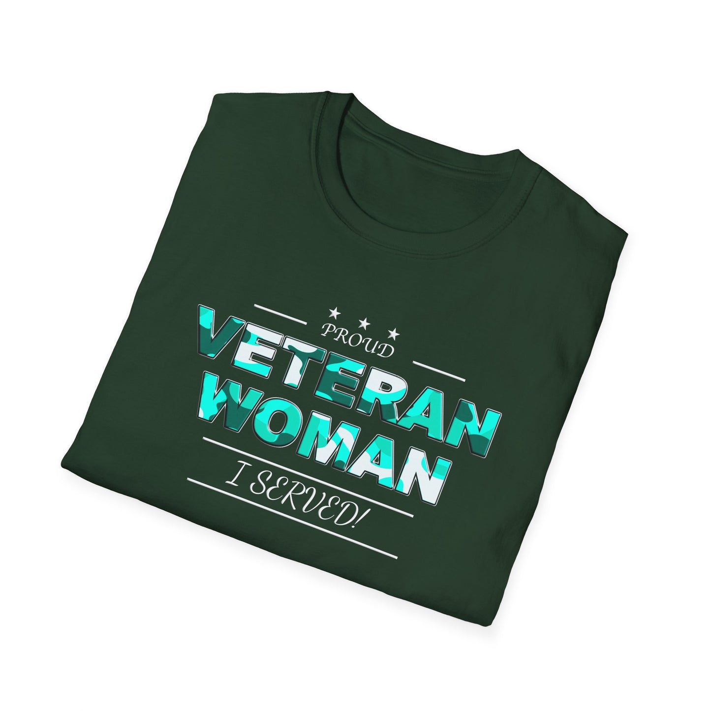 Proud Veteran Woman I served Unisex Softstyle T-Shirt (turquoise camoflauge logo)