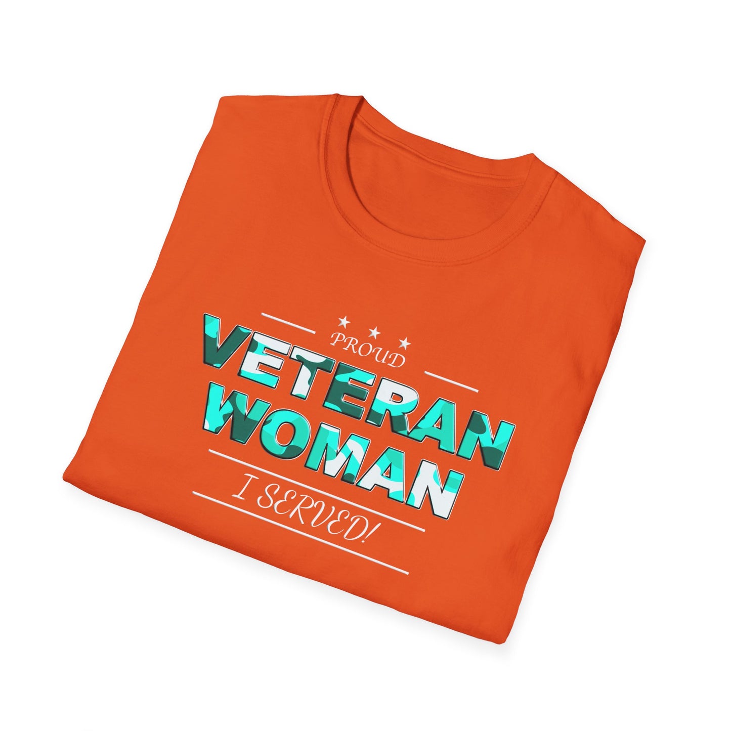 Proud Veteran Woman I served Unisex Softstyle T-Shirt (turquoise camoflauge logo)