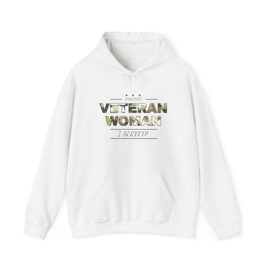 Proud Veteran Woman I served White Hoodie (camoflouge logo)