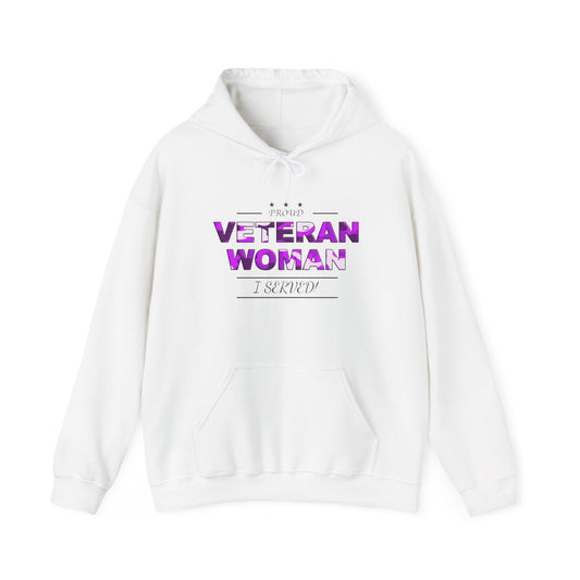 Proud Veteran Woman I served White Hoodie (purple camoflouge logo)