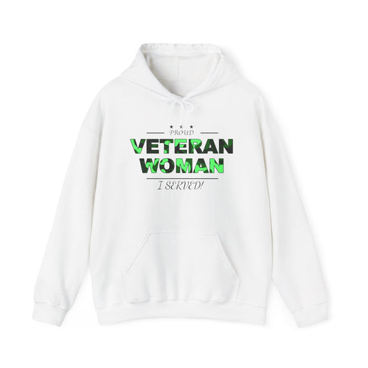 Proud Veteran Woman White Hoodie (fluorescent green logo)