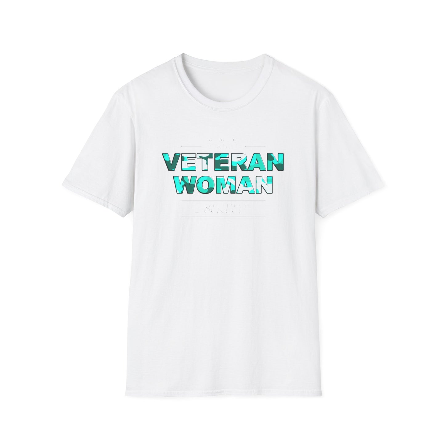 Proud Veteran Woman I served Unisex Softstyle T-Shirt (turquoise camoflauge logo)