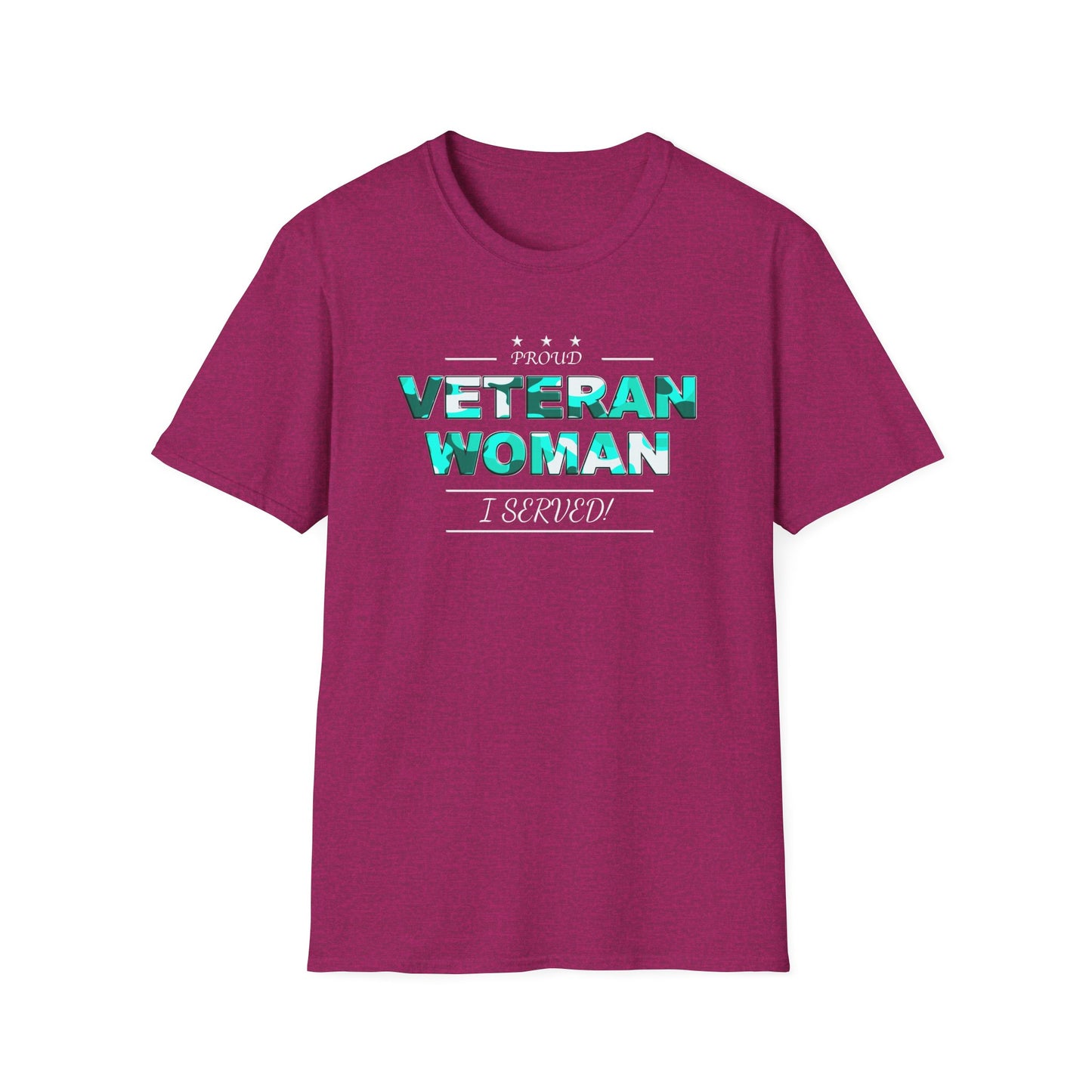 Proud Veteran Woman I served Unisex Softstyle T-Shirt (turquoise camoflauge logo)