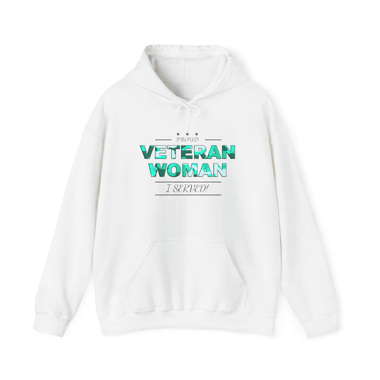 Proud Veteran Woman I served White Hoodie (turquoise camoflouge logo)