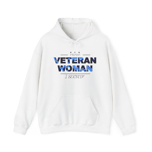 Proud Veteran Woman White Hoodie (blue logo)