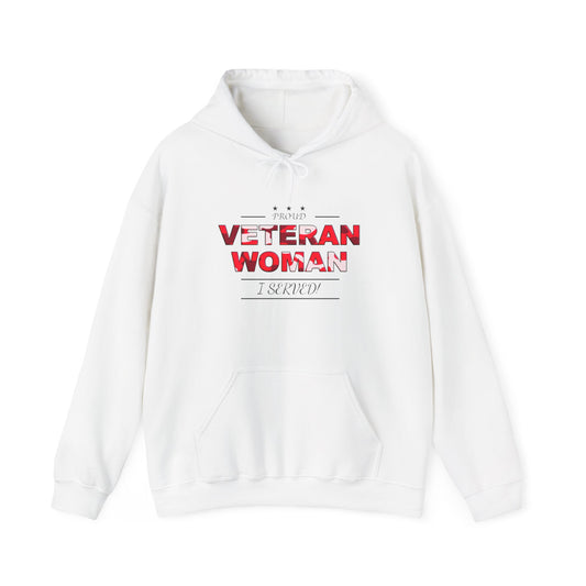 Proud Veteran Woman I served White Hoodie (red camoflouge logo)