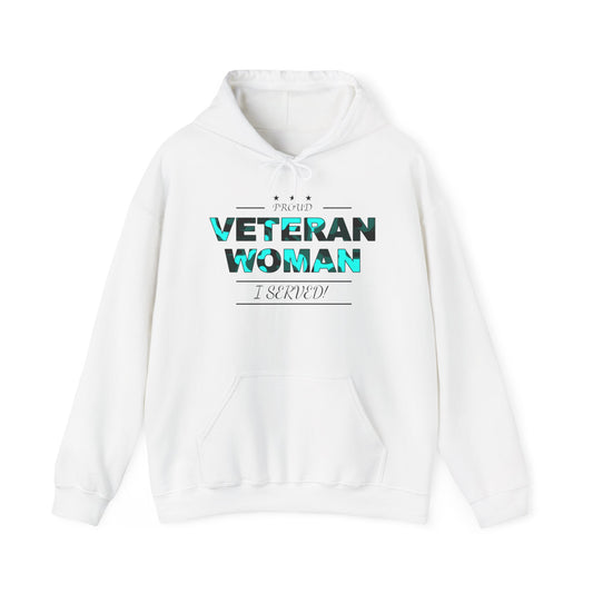 Proud Veteran Woman White Hoodie (turquois logo)