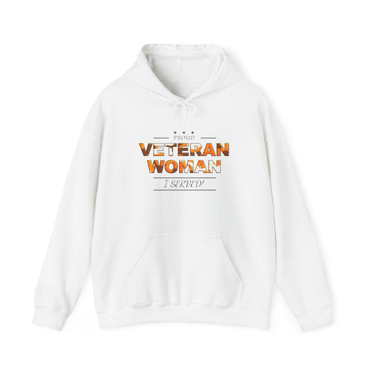 Proud Veteran Woman I served White Hoodie (light brown camoflouge logo)