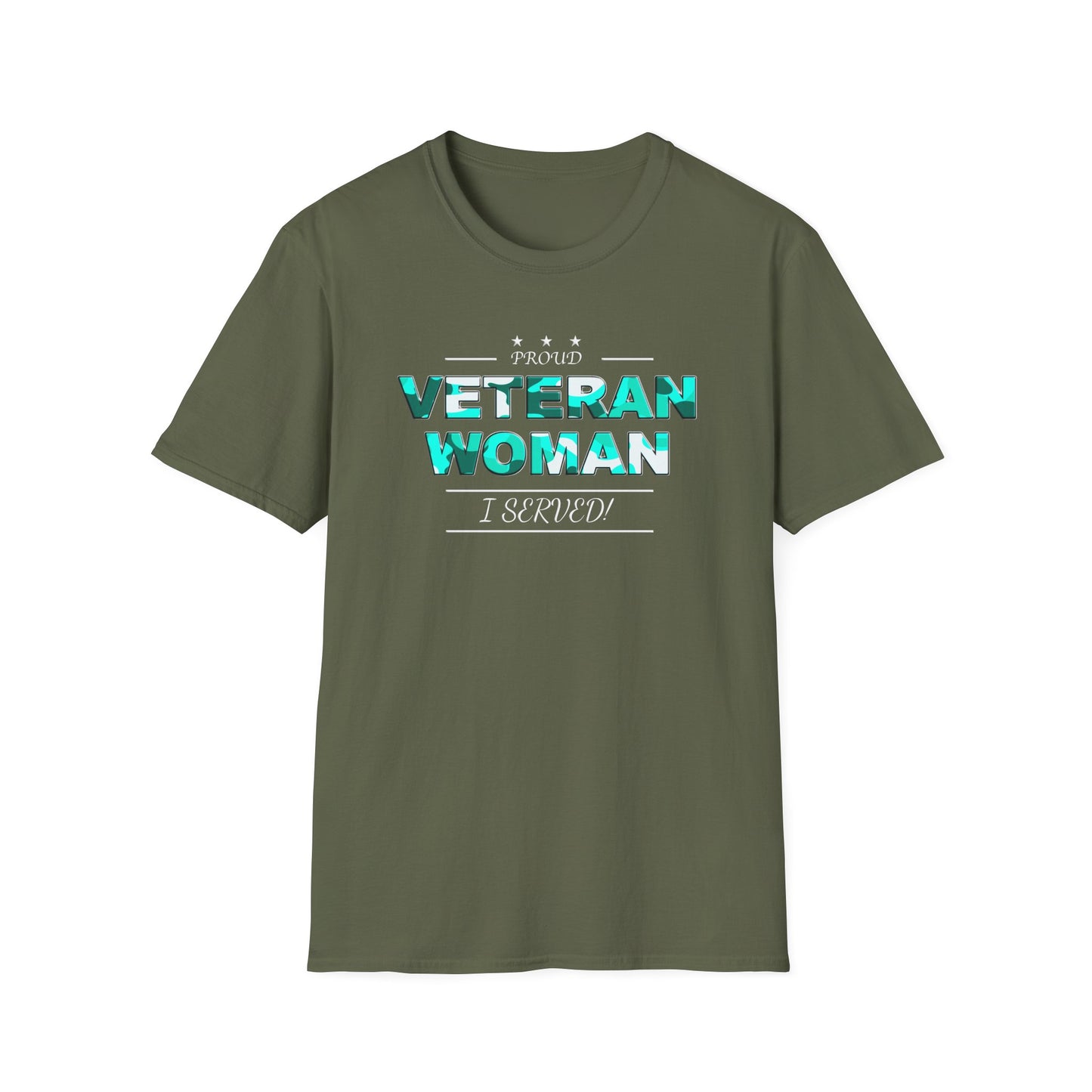 Proud Veteran Woman I served Unisex Softstyle T-Shirt (turquoise camoflauge logo)