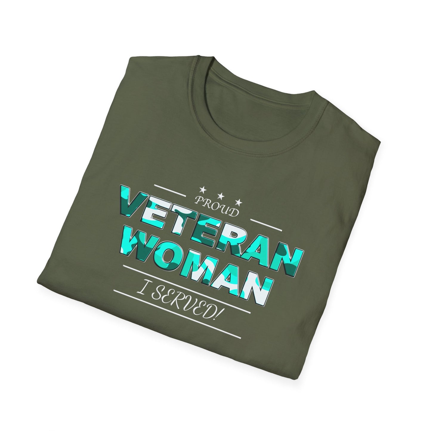 Proud Veteran Woman I served Unisex Softstyle T-Shirt (turquoise camoflauge logo)