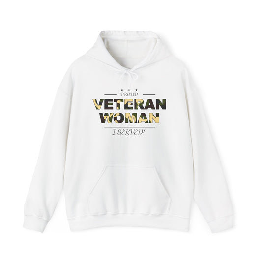 Proud Veteran Woman White Hoodie (traditional camoflouge logo)