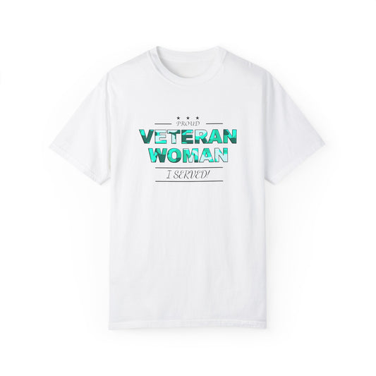 Proud Veteran Woman I Served white-t-shirt (turquoise logo)